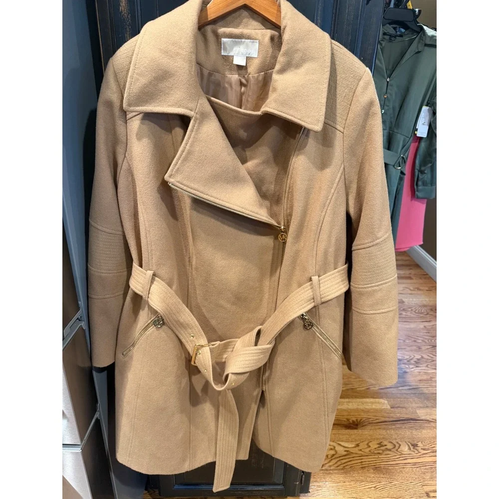 Michael Kors Womens Camel Asymmetrical Zip Belted Wool Blend Coat 2X